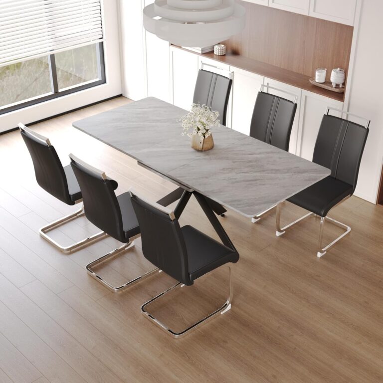 Modern Dining Table Set for 6,Adjustable Dining Table,Rectangular Rock Slab Dining Table for 6-8 People,Metal Base and Legs for Living Room,Dining Room,Kitchen (78" Dining Table+6 Black Chairs) photo review