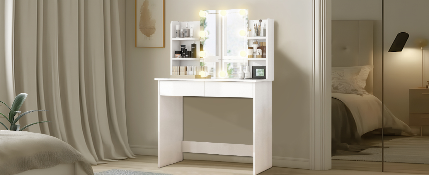 white vanity with lighted mirror