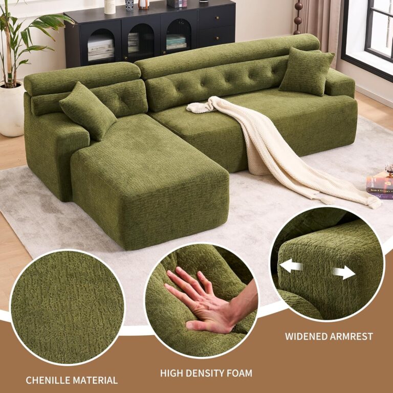 Combining Chaise Longue with 3-Seater, Wood Grain Chenille Fabric, Full Sponge Compression Sofa,Combined Sofa with 2 Pillows for Living/Home Furniture/Apartment,Green photo review