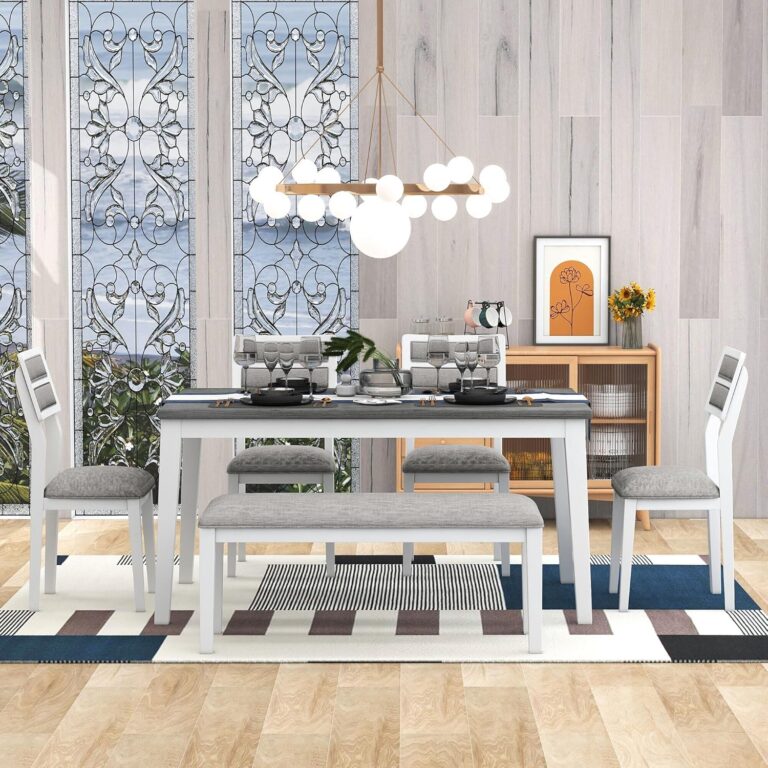 WIIS' IDEA 6-Piece Rectangular Dining Table Set for 6,Mid-Century Modern Wooden Table & Upholstered Chair Set for Home, Kitchen, Dining Room,4 Chairs, Bench Seat, Rubberwood Legs(White+Gray) photo review