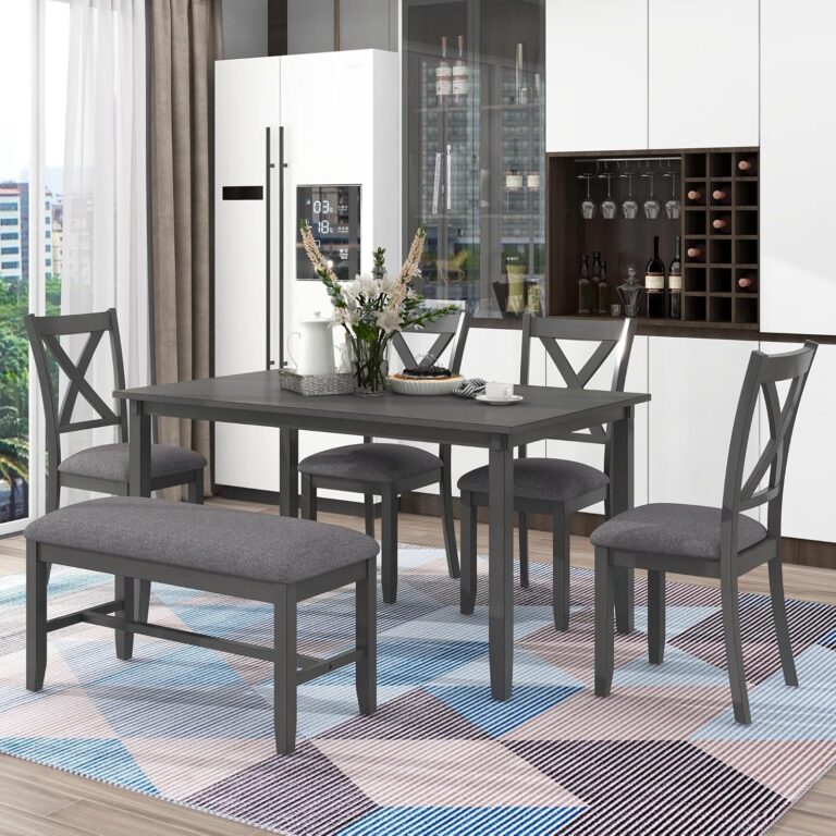 WIIS' IDEA 6-Piece Rectangular Dining Table Set for 6, Mid-Century Modern Wooden Table & Upholstered Chair Set for Home, Kitchen, Dining Room,4 Chairs, Bench Seat, Rubberwood Legs(Dark Grey) photo review