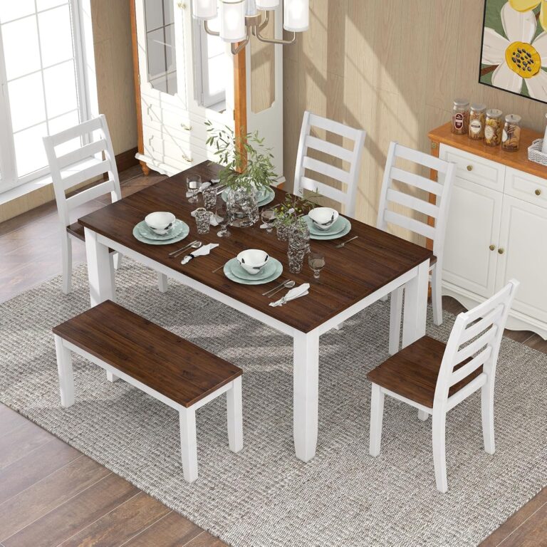 WIIS' IDEA 6-Piece Rectangular Dining Table Set for 6, Mid-Century Modern Wooden Table & Upholstered Chair Set for Home,Kitchen,Dining Room,4 Chairs, Bench Seat,Rubberwood Legs(Walnut + Cottage White) photo review