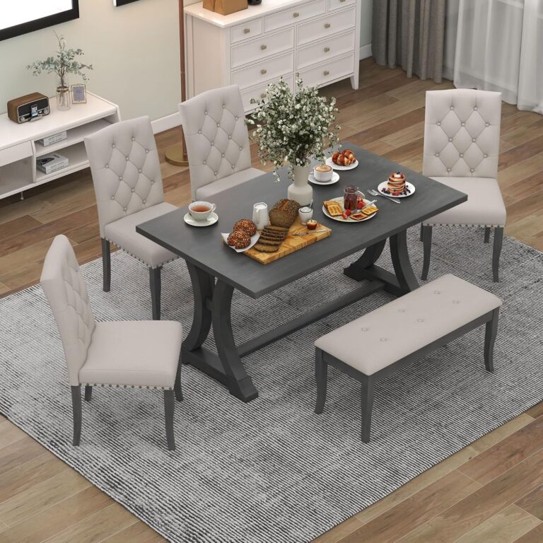 WIIS' IDEA 6-Piece Rectangular Dining Table Set for 6, Mid-Century Modern Wooden Table & Upholstered Chair Set for Home, Kitchen, Dining Room,4 Chairs, Bench Seat, Rubberwood Legs(Antique Gray) photo review