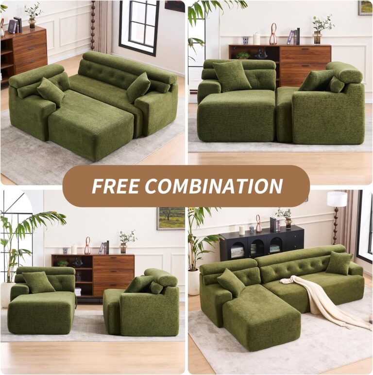 Combining Chaise Longue with 3-Seater, Wood Grain Chenille Fabric, Full Sponge Compression Sofa,Combined Sofa with 2 Pillows for Living/Home Furniture/Apartment,Green photo review