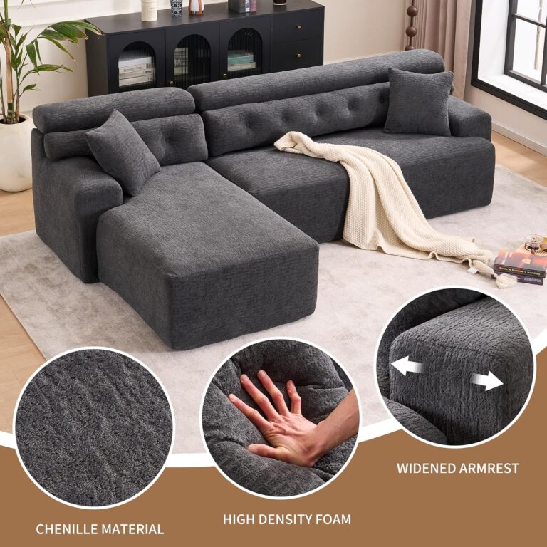 Combining Chaise Longue with 3-Seater, Wood Grain Chenille Fabric, Full Sponge Compression Sofa,Combined Sofa with 2 Pillows for Living/Home Furniture/Apartment,Dark Gray photo review