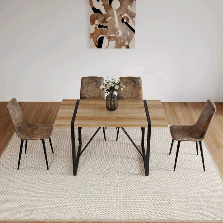 WIIS' IDEA Modern Dining Table Set for 4,Rectangular Solid Wood Dining Table for 4 People,Metal Base and Legs,Suitable for Living Room,Dining Room,Kitchen（55" Dining Table+4 Light Brown Dining Chairs） photo review