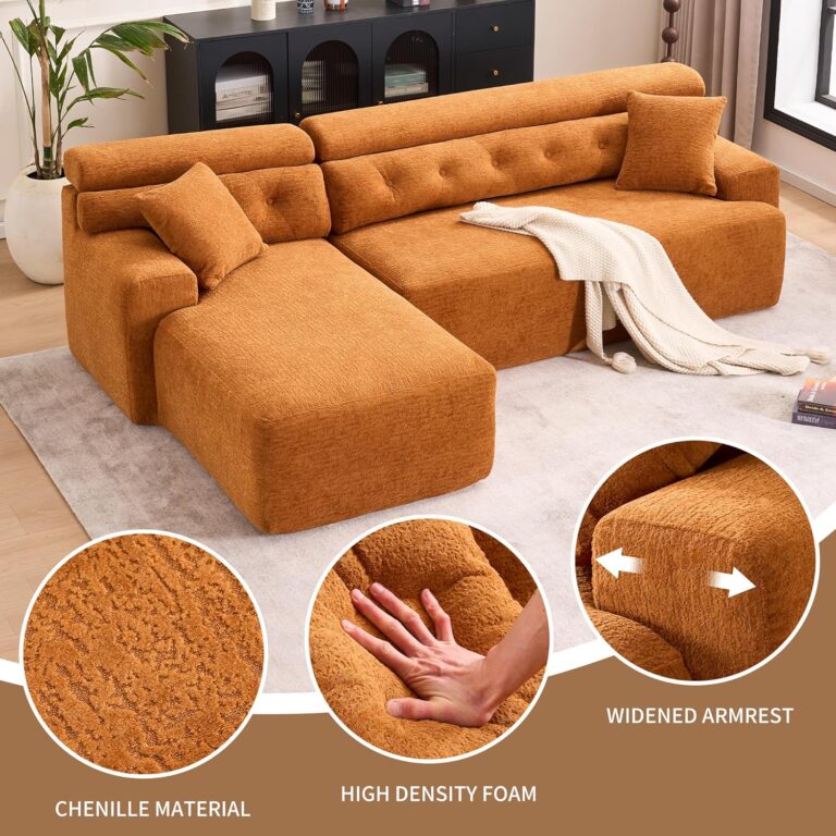 Combining Chaise Longue with 3-Seater, Wood Grain Chenille Fabric, Full Sponge Compression Sofa,Combined Sofa with 2 Pillows for Living/Home Furniture/Apartment,Orange photo review