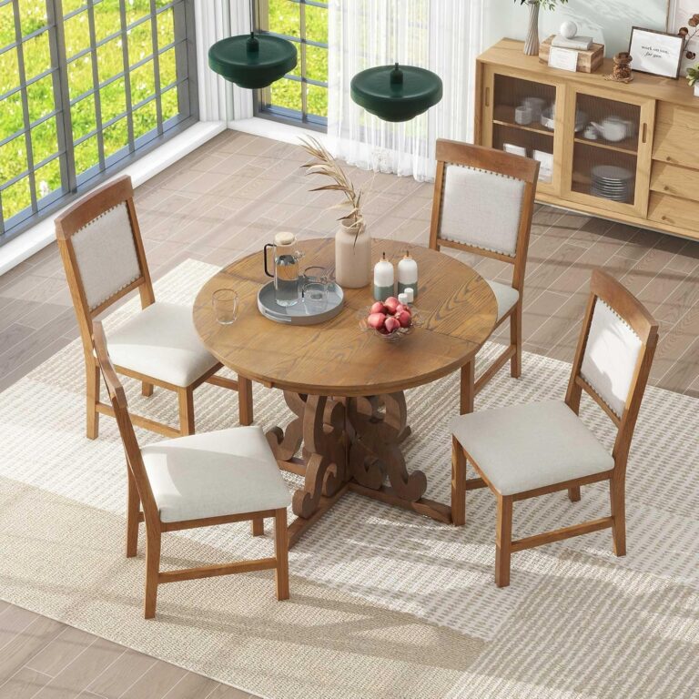 WIIS' IDEA Retro Style 5-Piece Round Dining Table Set for 4,Extendable Table with 4 Upholstered Chairs for Dining Room,Living Room,Kitchen,58" Dining Table + 4 Dining Chairs(Walnut) photo review