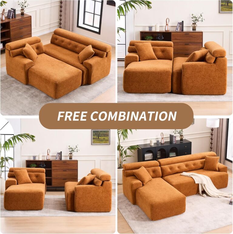 Combining Chaise Longue with 3-Seater, Wood Grain Chenille Fabric, Full Sponge Compression Sofa,Combined Sofa with 2 Pillows for Living/Home Furniture/Apartment,Orange photo review