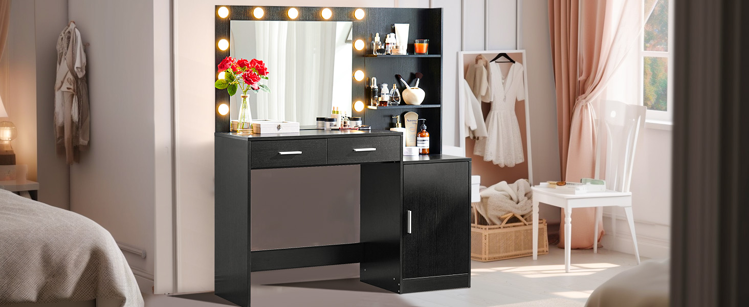 small vanity desk with mirror and lights