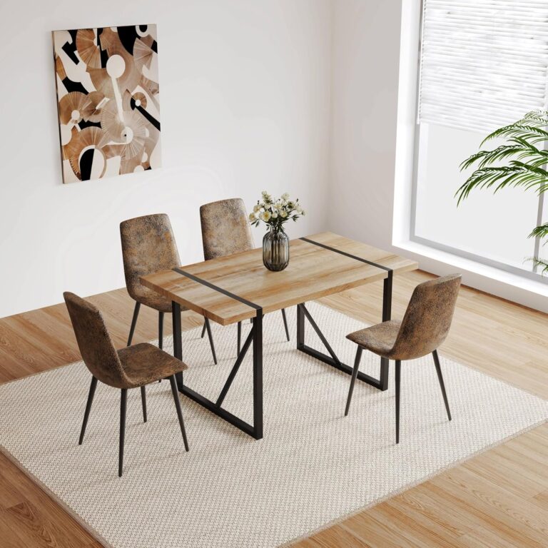 WIIS' IDEA Modern Dining Table Set for 4,Rectangular Solid Wood Dining Table for 4 People,Metal Base and Legs,Suitable for Living Room,Dining Room,Kitchen（55" Dining Table+4 Light Brown Dining Chairs） photo review